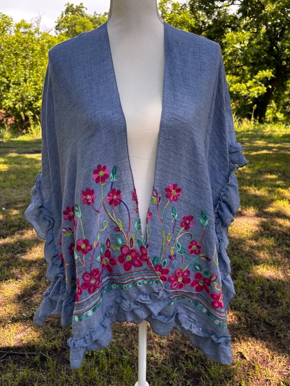 Embroidered Blue Boho Chambray Blue Kimono Floral